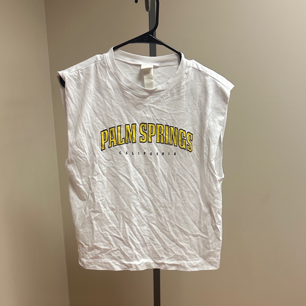 H&M White Muscle Tee with Yellow Palm Springs Print